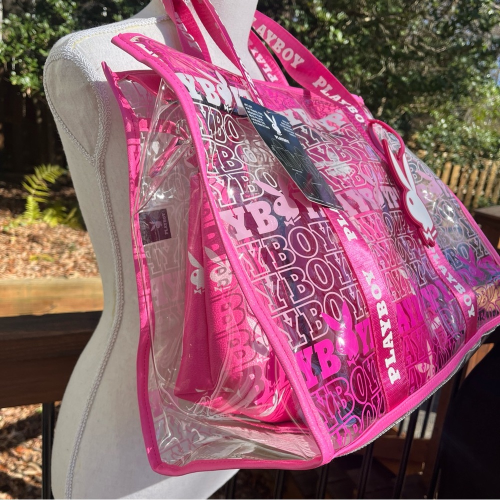 Playboy Travel Tote PINK Signature Logo Clear Thick PVC Vinyl 4 Piece Set NWT - Picture 3 of 14